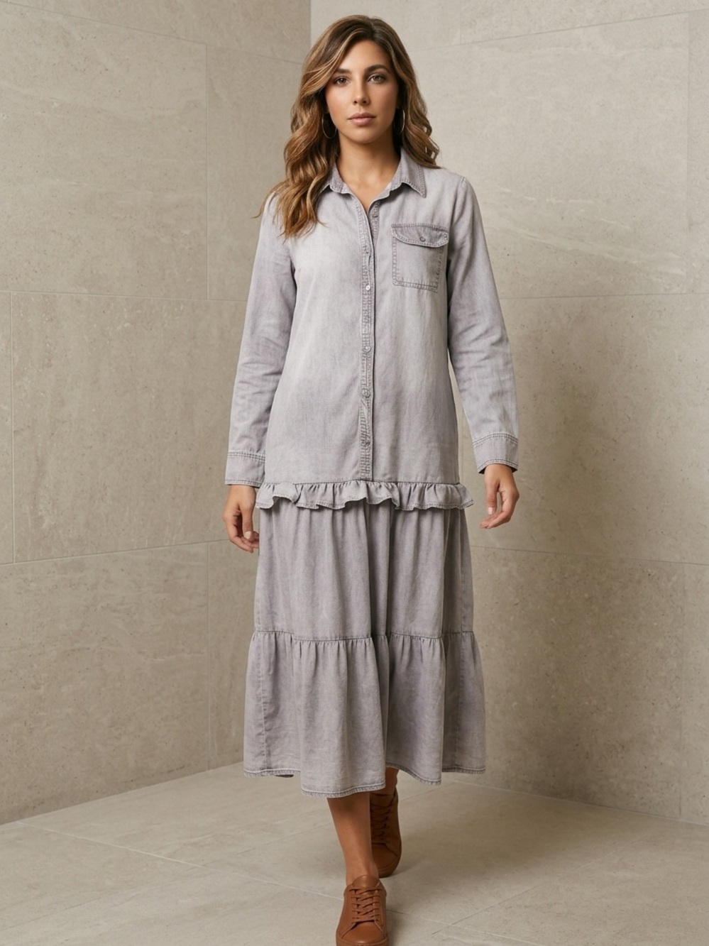 SHEIN Light Gray Button-Front Ruffle-Hem Midi Dress